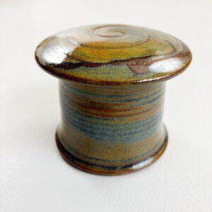 STUDIO POTTERY Artisan French Butter Keep Dish Earth Glaze Swirl Makers Mark